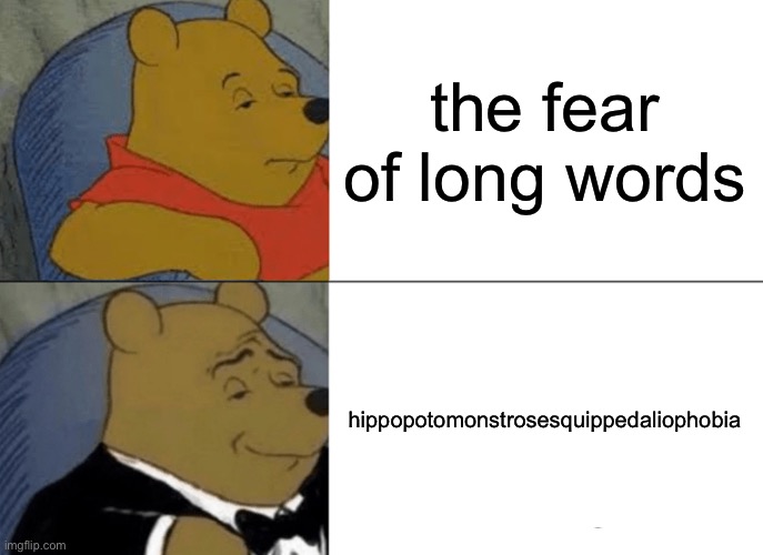 everybody knows this is true | the fear of long words; hippopotomonstrosesquippedaliophobia | image tagged in memes,tuxedo winnie the pooh | made w/ Imgflip meme maker