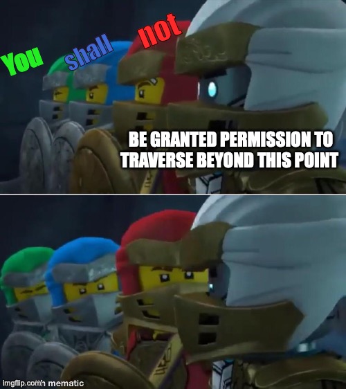 Ninjago reaction | not; shall; You; BE GRANTED PERMISSION TO TRAVERSE BEYOND THIS POINT | image tagged in ninjago reaction | made w/ Imgflip meme maker