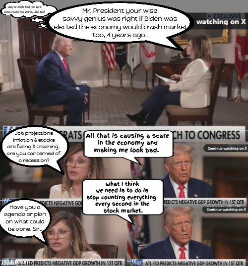 4 Years too late, but good enough to lie about | Mr. President your wise savvy genius was right if Biden was
 elected the economy would crash market
 too, 4 years ago.. Only if Adolf had FOX he's have ruled the world, Like me! All that is causing a scare
 in the economy and
 making me look bad. Job projections inflation & stocks are falling & crashing, 
are you concerned of 
a recession? What I think
 we need is to do is 
stop counting everything 
every second in the
 stock market. Have you a agenda or plan on what could be done. Sir.. | image tagged in magaflation,stockmasrket crash,job projections fall short,consumer confidence down,tariffgate,i hate to make perdictions | made w/ Imgflip meme maker
