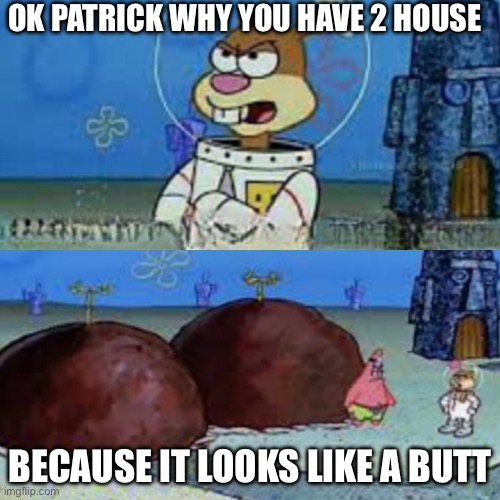 Just a stupid meme I made | OK PATRICK WHY YOU HAVE 2 HOUSE; BECAUSE IT LOOKS LIKE A BUTT | image tagged in ok patrick why you have 2 house,funny,memes,stupid,butt,why | made w/ Imgflip meme maker