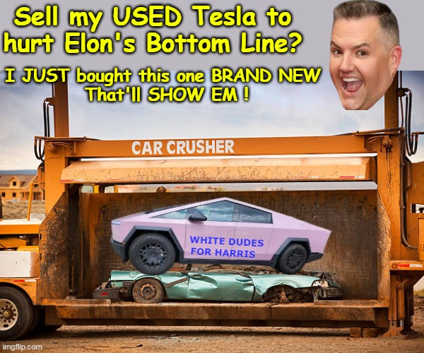 Professional foot shooters    They walk among us | Sell my USED Tesla to hurt Elon's Bottom Line? I JUST bought this one BRAND NEW 
That'll SHOW EM ! WHITE DUDES FOR HARRIS | image tagged in tesla car crusher meme | made w/ Imgflip meme maker