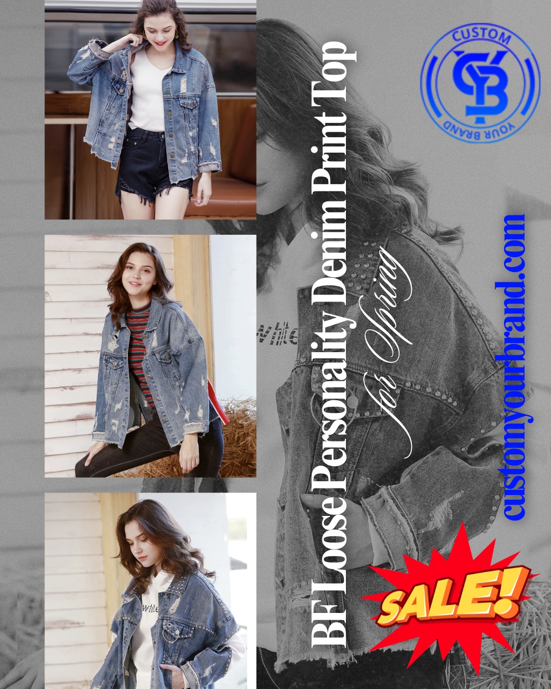 BF Loose Personality Denim Print Top for Spring Blank Meme Template