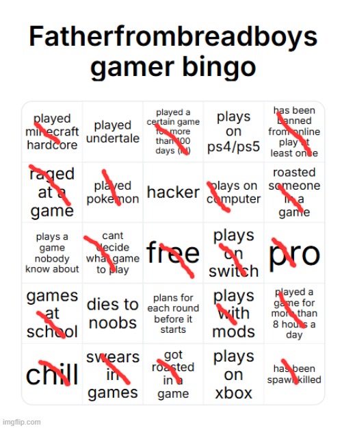 made new gamer bingo | image tagged in fatherfrombreadboys gamer bingo | made w/ Imgflip meme maker