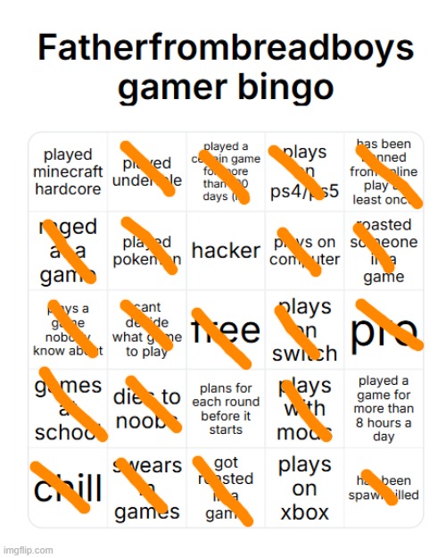 . | image tagged in fatherfrombreadboys gamer bingo | made w/ Imgflip meme maker