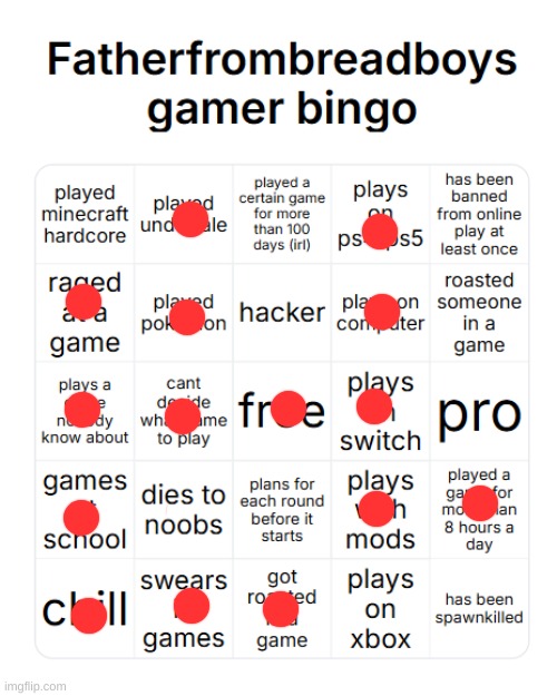 fatherfrombreadboys gamer bingo | image tagged in fatherfrombreadboys gamer bingo | made w/ Imgflip meme maker