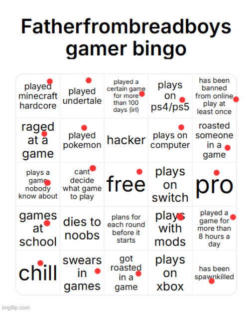 fatherfrombreadboys gamer bingo | image tagged in fatherfrombreadboys gamer bingo | made w/ Imgflip meme maker