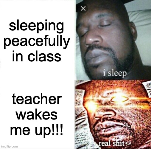 Sleeping Shaq Meme | sleeping peacefully in class; teacher wakes me up!!! | image tagged in memes,sleeping shaq | made w/ Imgflip meme maker