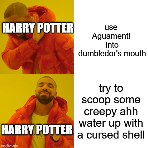 stupid harry | use  Aguamenti  into dumbledor's mouth; HARRY POTTER; try to scoop some creepy ahh water up with a cursed shell; HARRY POTTER | image tagged in memes,drake hotline bling,stupid,funny,gifs,who_am_i | made w/ Imgflip meme maker