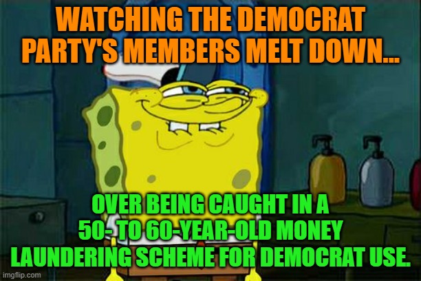 Don't You Squidward | WATCHING THE DEMOCRAT PARTY'S MEMBERS MELT DOWN... OVER BEING CAUGHT IN A 50- TO 60-YEAR-OLD MONEY LAUNDERING SCHEME FOR DEMOCRAT USE. | image tagged in memes,don't you squidward | made w/ Imgflip meme maker