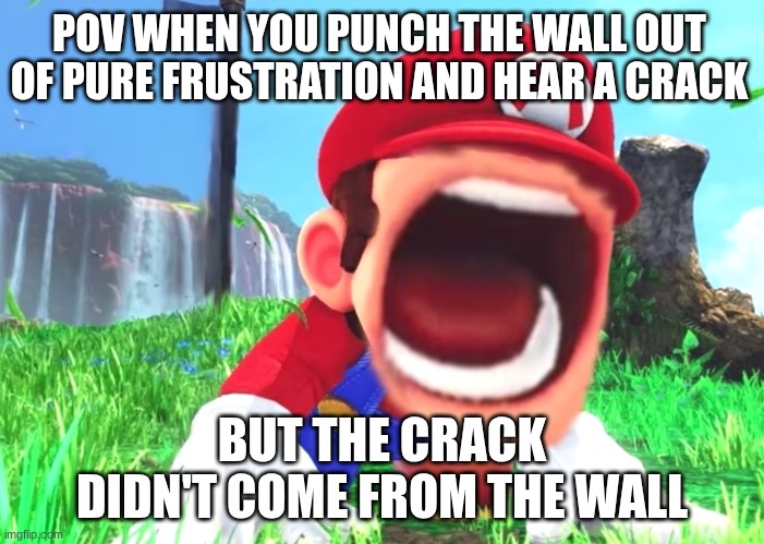 Mario screaming | POV WHEN YOU PUNCH THE WALL OUT OF PURE FRUSTRATION AND HEAR A CRACK; BUT THE CRACK DIDN'T COME FROM THE WALL | image tagged in mario screaming,memes,funny,frustration,pain | made w/ Imgflip meme maker