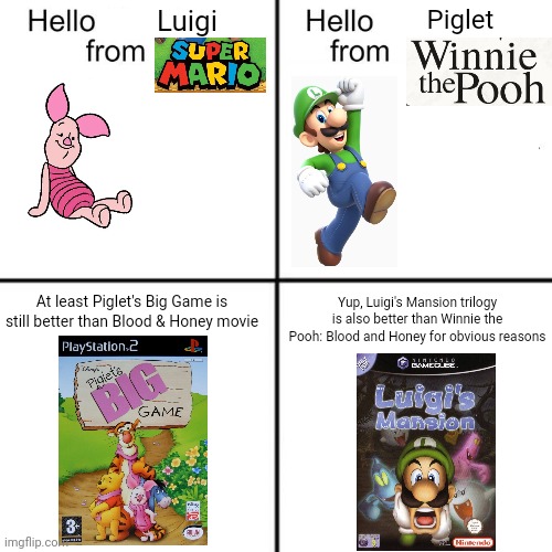 That Foreboding 1 music from Piglet's Big Game brought me here thanks to an obligatory Silent Hill joke with Luigi's Mansion | Luigi; Piglet; Yup, Luigi's Mansion trilogy is also better than Winnie the Pooh: Blood and Honey for obvious reasons; At least Piglet's Big Game is still better than Blood & Honey movie | image tagged in hello person from,luigi's mansion,piglet | made w/ Imgflip meme maker