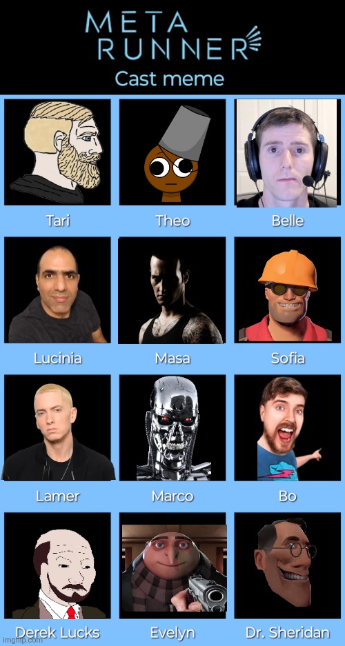 Meta Runner Cast Meme | image tagged in meta runner cast meme,electroboom,eminem,linus,lenin,meta runner | made w/ Imgflip meme maker