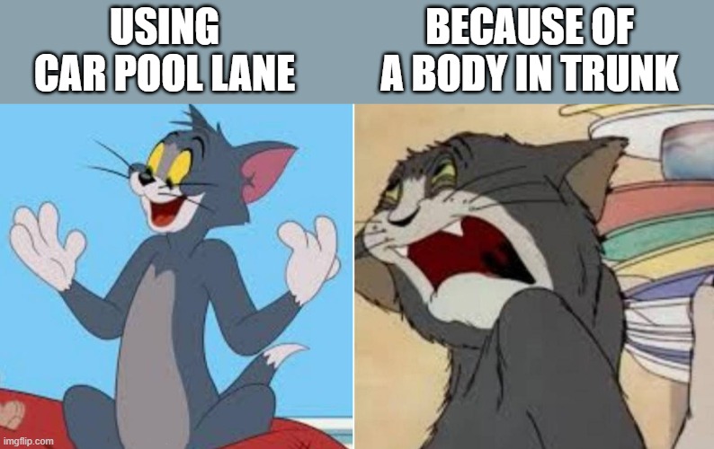 happy sad | USING CAR POOL LANE; BECAUSE OF A BODY IN TRUNK | image tagged in happy sad | made w/ Imgflip meme maker