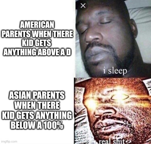 i sleep real shit | AMERICAN PARENTS WHEN THERE KID GETS  ANYTHING ABOVE A D; ASIAN PARENTS WHEN THERE KID GETS ANYTHING BELOW A 100% | image tagged in i sleep real shit | made w/ Imgflip meme maker