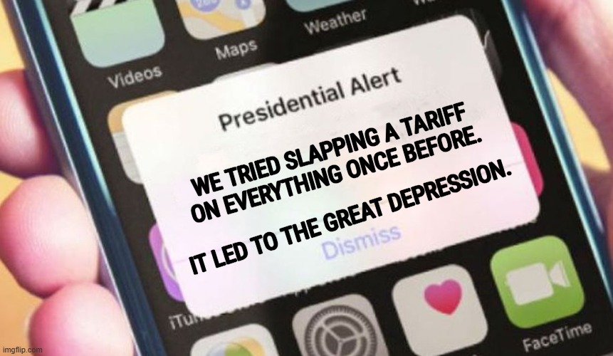 Oops | WE TRIED SLAPPING A TARIFF ON EVERYTHING ONCE BEFORE. IT LED TO THE GREAT DEPRESSION. | image tagged in memes,presidential alert,tariffs,depression,trump,stupid | made w/ Imgflip meme maker