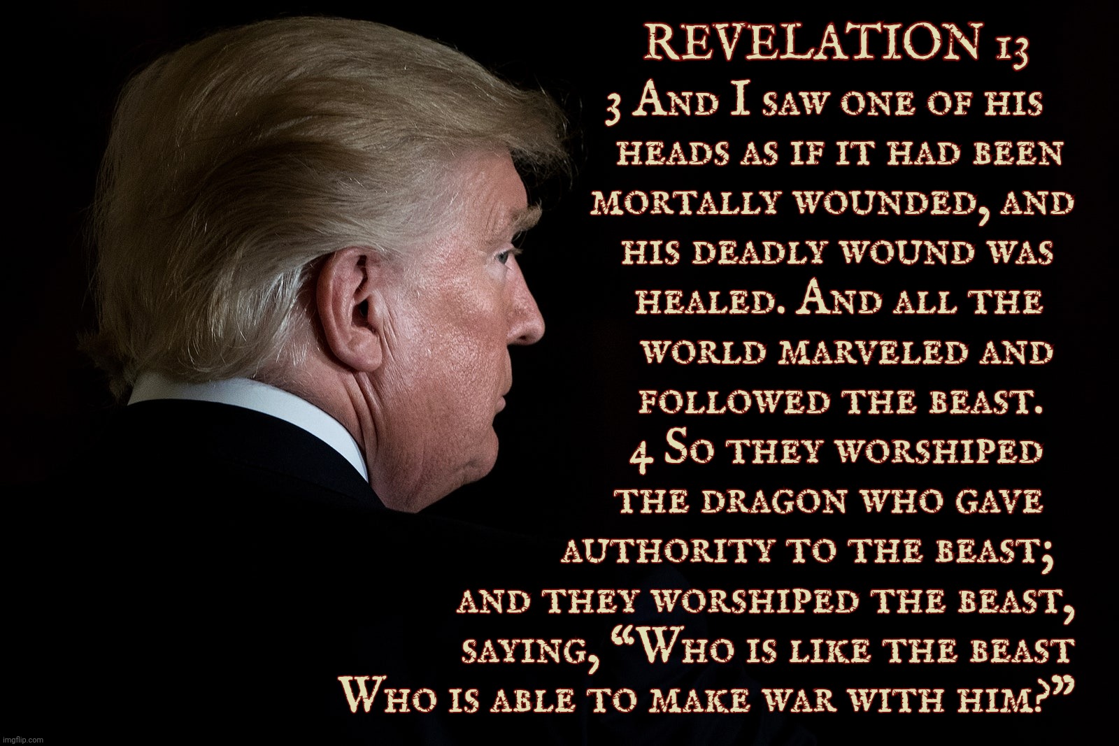 The Evangelicals were right. He actually is in the BIble after all. Go figure. | REVELATION 13; 3 And I saw one of his   
heads as if it had been 
mortally wounded, and
his deadly wound was  
healed. And all the   
world marveled and  
followed the beast.   
4 So they worshiped   
the dragon who gave   
authority to the beast;  
and they worshiped the beast,
saying, “Who is like the beast
Who is able to make war with him?” | image tagged in donald j trump,revelation 13,fauxssassination,the shot heard around the world,but not in his ear,he is saved | made w/ Imgflip meme maker