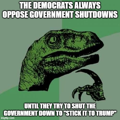 Am I the only one who notices the Democrats are a bunch of hypocrites? | THE DEMOCRATS ALWAYS OPPOSE GOVERNMENT SHUTDOWNS; UNTIL THEY TRY TO SHUT THE GOVERNMENT DOWN TO "STICK IT TO TRUMP" | image tagged in memes,philosoraptor,democrats,government shutdown | made w/ Imgflip meme maker