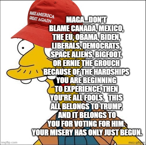 Some Kind Of MAGA Moron | MAGA...DON'T BLAME CANADA, MEXICO, THE EU, OBAMA, BIDEN, LIBERALS, DEMOCRATS, SPACE ALIENS, BIGFOOT, OR ERNIE THE GROUCH BECAUSE OF THE HARDSHIPS YOU ARE BEGINNING TO EXPERIENCE, THEN YOU'RE ALL FOOLS.   THIS ALL BELONGS TO TRUMP,  AND IT BELONGS TO YOU FOR VOTING FOR HIM.  YOUR MISERY HAS ONLY JUST BEGUN. | image tagged in some kind of maga moron | made w/ Imgflip meme maker