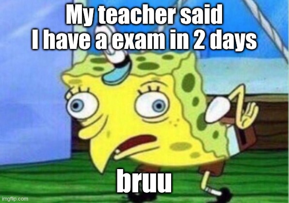 Buds cooked | My teacher said I have a exam in 2 days; bruu | image tagged in memes,mocking spongebob | made w/ Imgflip meme maker