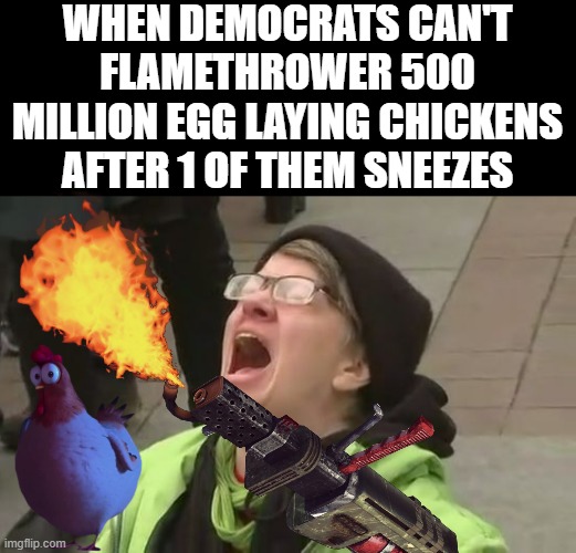 Screaming Liberal | WHEN DEMOCRATS CAN'T FLAMETHROWER 500 MILLION EGG LAYING CHICKENS AFTER 1 OF THEM SNEEZES | image tagged in screaming liberal | made w/ Imgflip meme maker