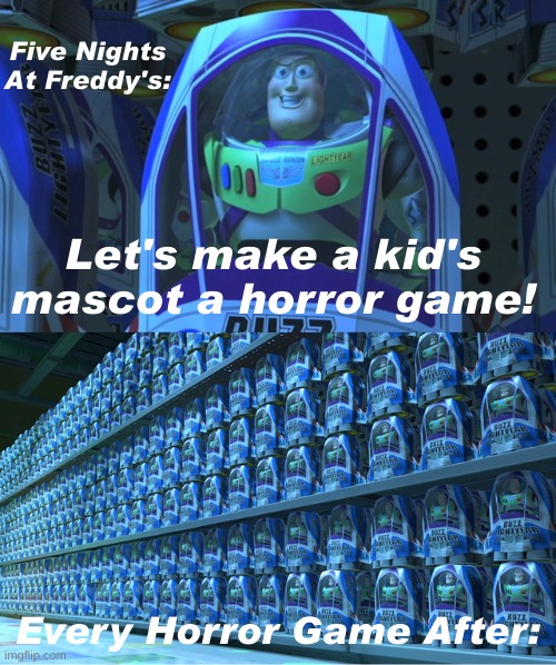 *Hrms In Villager* | Five Nights At Freddy's:; Let's make a kid's mascot a horror game! Every Horror Game After: | image tagged in buzz lightyear clones,copycat,five nights at freddys,horror game,horror,memes | made w/ Imgflip meme maker