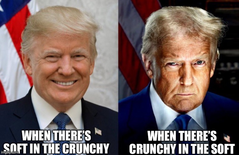 This template is perfect for this meme. | WHEN THERE’S SOFT IN THE CRUNCHY; WHEN THERE’S CRUNCHY IN THE SOFT | image tagged in trump 2016 2024 portrait,crunchy,soft | made w/ Imgflip meme maker