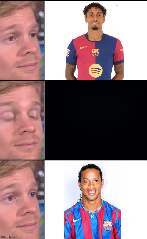 Raphinha vs Benfica so far... | image tagged in blinking guy vertical,raphinha,barcelona,ronaldinho,footy,champions league | made w/ Imgflip meme maker