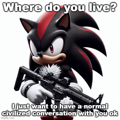 Shadow the Hedgehog angry holding a light machine gun | Where do you live? I just want to have a normal civilized conversation with you ok | image tagged in shadow the hedgehog angry holding a light machine gun | made w/ Imgflip meme maker