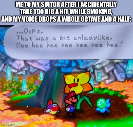 I hate this fr | ME TO MY SUITOR AFTER I ACCIDENTALLY TAKE TOO BIG A HIT WHILE SMOKING, AND MY VOICE DROPS A WHOLE OCTAVE AND A HALF: | image tagged in paper mario,funny,nintendo 64,smoking,smoker girl,lady | made w/ Imgflip meme maker