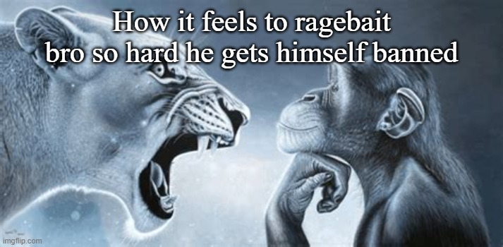 tiger yell at pondering monkey | How it feels to ragebait bro so hard he gets himself banned | image tagged in tiger yell at pondering monkey | made w/ Imgflip meme maker