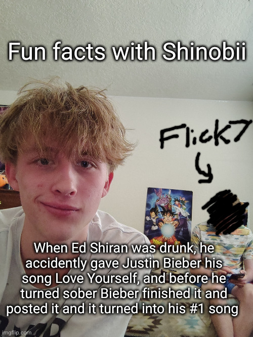 dumbest way to lose fame | Fun facts with Shinobii; When Ed Shiran was drunk, he accidently gave Justin Bieber his song Love Yourself, and before he turned sober Bieber finished it and posted it and it turned into his #1 song | image tagged in funny,shinobii,flick7,fun facts,justin beiber,ed sheeran | made w/ Imgflip meme maker