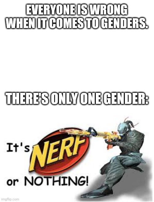 EVERYONE IS WRONG WHEN IT COMES TO GENDERS. THERE'S ONLY ONE GENDER: | image tagged in its nerf or nothing | made w/ Imgflip meme maker
