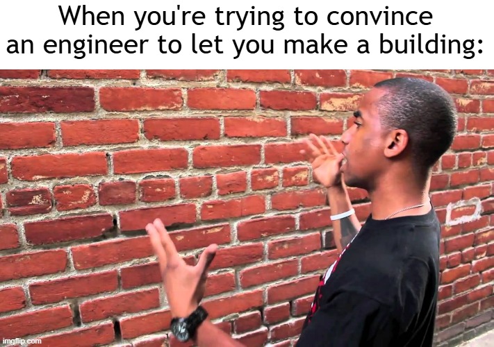 I always have to say my engineer | When you're trying to convince an engineer to let you make a building: | image tagged in talking to wall,memes,funny | made w/ Imgflip meme maker