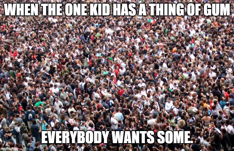 crowd of people | WHEN THE ONE KID HAS A THING OF GUM; EVERYBODY WANTS SOME. | image tagged in crowd of people | made w/ Imgflip meme maker