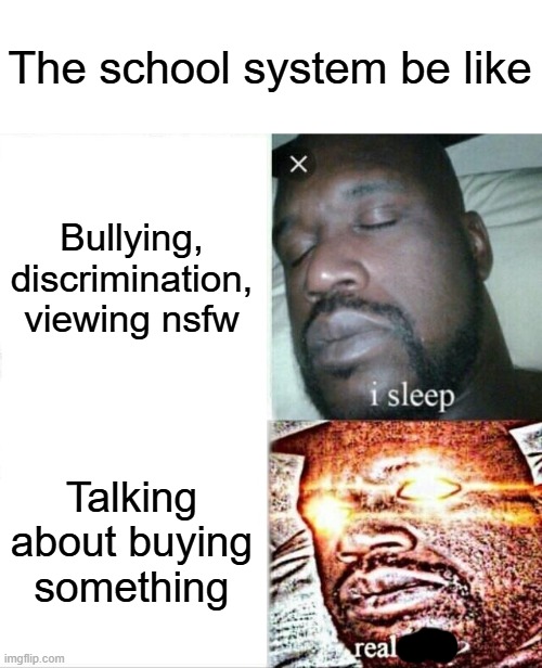 The school system be like | The school system be like; Bullying, discrimination, viewing nsfw; Talking about buying something | image tagged in memes,sleeping shaq,school | made w/ Imgflip meme maker