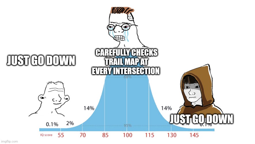 Midwit memes | CAREFULLY CHECKS TRAIL MAP AT EVERY INTERSECTION; JUST GO DOWN; JUST GO DOWN | image tagged in midwit memes | made w/ Imgflip meme maker