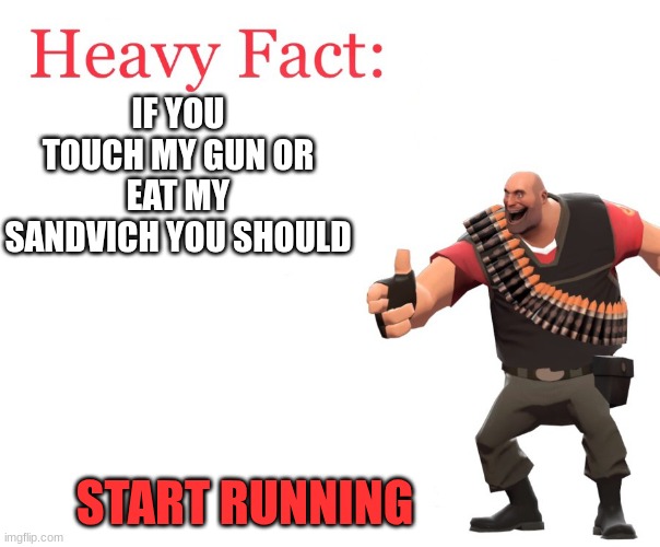 Heavy Fact | IF YOU TOUCH MY GUN OR EAT MY SANDVICH YOU SHOULD; START RUNNING | image tagged in heavy fact | made w/ Imgflip meme maker