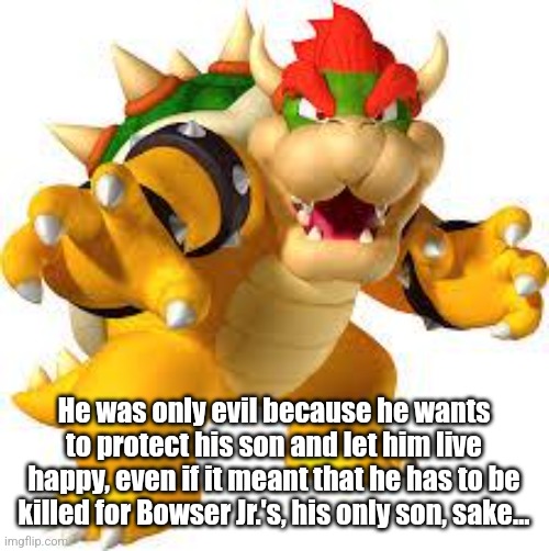 Bowser | He was only evil because he wants to protect his son and let him live happy, even if it meant that he has to be killed for Bowser Jr.'s, his | image tagged in bowser | made w/ Imgflip meme maker