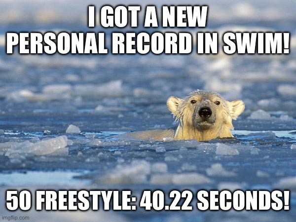 NEW PR! THE LAST TIME WAS 40.59! | I GOT A NEW PERSONAL RECORD IN SWIM! 50 FREESTYLE: 40.22 SECONDS! | image tagged in polar bear swim | made w/ Imgflip meme maker