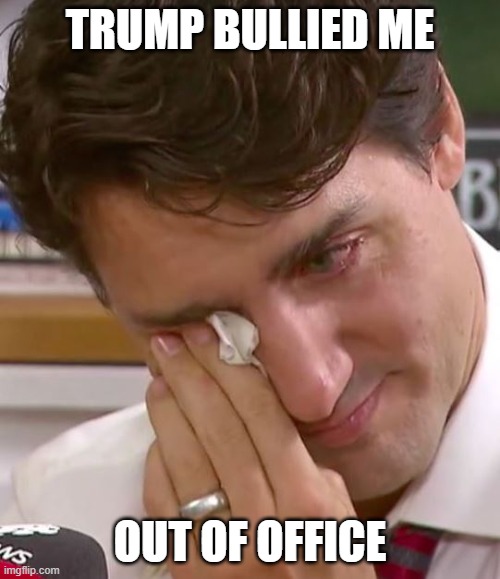 Justin Trudeau Crying | TRUMP BULLIED ME; OUT OF OFFICE | image tagged in justin trudeau crying | made w/ Imgflip meme maker