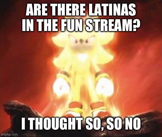 Super Shadow | ARE THERE LATINAS IN THE FUN STREAM? I THOUGHT SO, SO NO | image tagged in super shadow | made w/ Imgflip meme maker