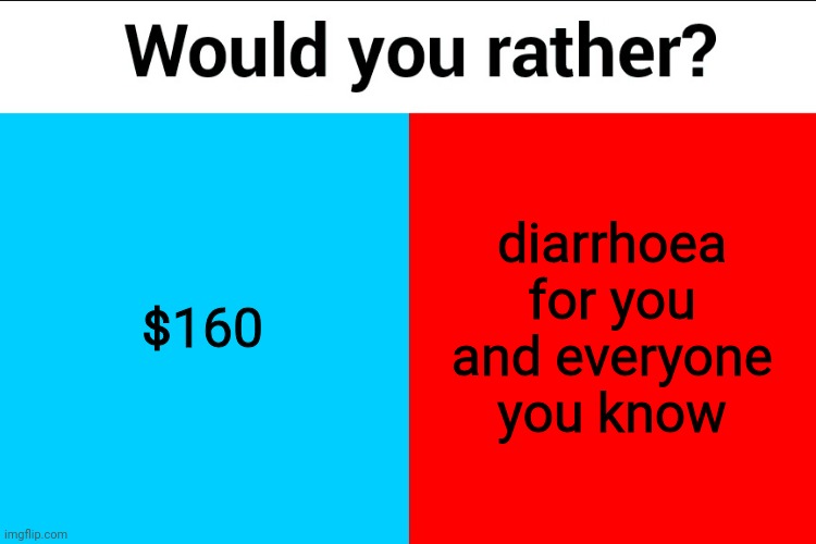 Would you rather? | $160; diarrhoea for you and everyone you know | image tagged in would you rather | made w/ Imgflip meme maker