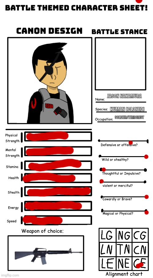 Battle Character template | JASON NAKAMURA; HUMAN (CLONED); SOLDIER/TERRORIST | image tagged in battle character template | made w/ Imgflip meme maker