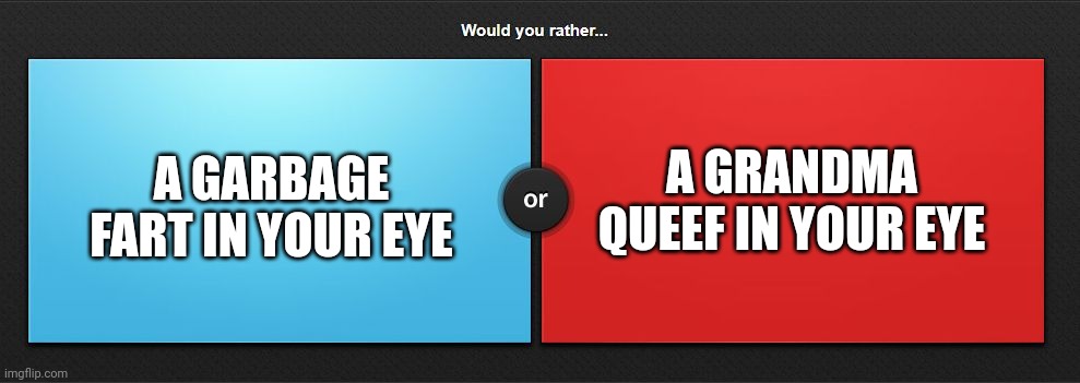 Would you rather | A GRANDMA QUEEF IN YOUR EYE; A GARBAGE FART IN YOUR EYE | image tagged in would you rather | made w/ Imgflip meme maker