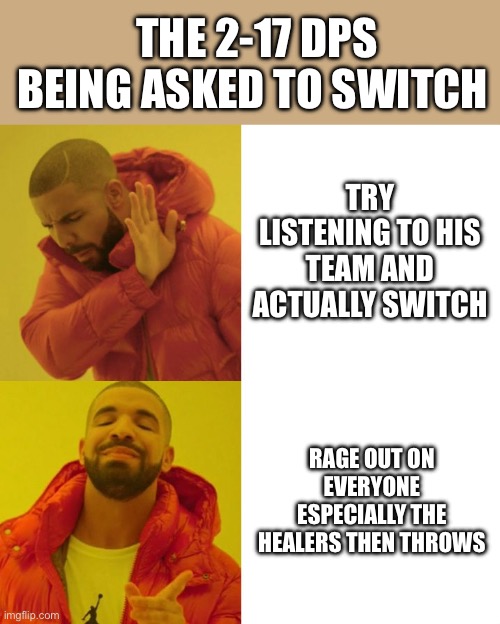 Marvel rival experience | THE 2-17 DPS BEING ASKED TO SWITCH; TRY LISTENING TO HIS TEAM AND ACTUALLY SWITCH; RAGE OUT ON EVERYONE ESPECIALLY THE HEALERS THEN THROWS | image tagged in drake blank | made w/ Imgflip meme maker