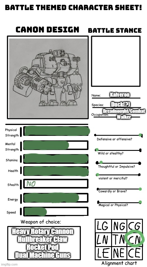 guess i'm joining the trend | Kalveron; Duck(?); Dreadnought/Combat Walker; Heavy Rotary Cannon
Hullbreaker Claw
Rocket Pod
Dual Machine Guns | image tagged in battle character template | made w/ Imgflip meme maker