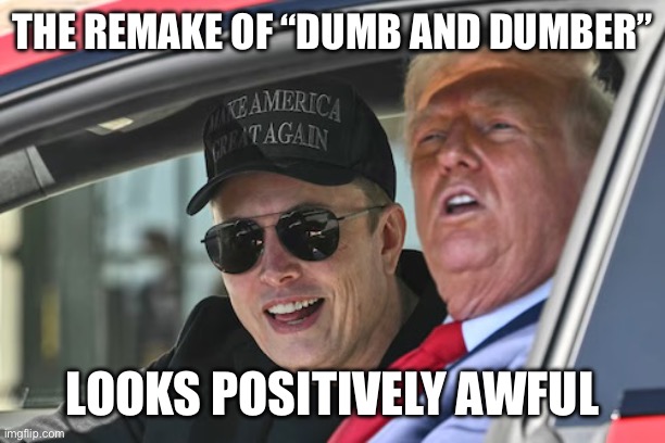 Trump Musk Tesla | THE REMAKE OF “DUMB AND DUMBER”; LOOKS POSITIVELY AWFUL | image tagged in donald trump,elon musk,tesla | made w/ Imgflip meme maker