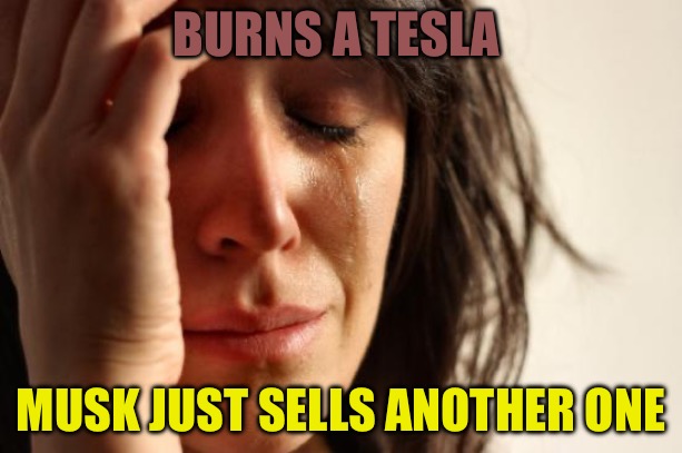 Tesla | BURNS A TESLA; MUSK JUST SELLS ANOTHER ONE | image tagged in memes,musk,tesla,cucks,political memes,political meme | made w/ Imgflip meme maker