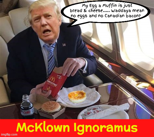 Egg McNuthin' | My Egg a Muffin is just bread & cheese..... Waddaya mean no eggs and no Canadian bacon? McKlown Ignoramus | image tagged in egg mcnuthin',i want my egg and canadian bacon,donald mc ronald circus klown,maga mistake,take that ya hoser eh,duhnald twump | made w/ Imgflip meme maker