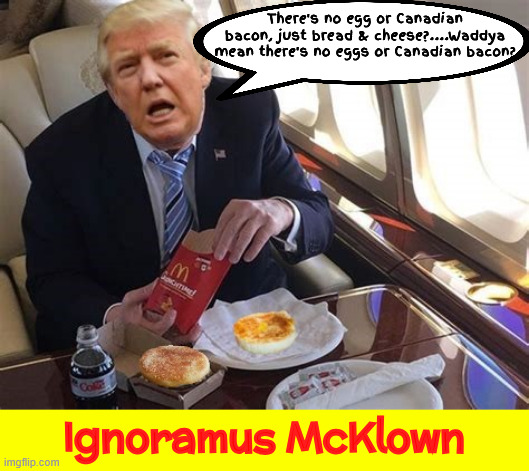Eggnoramus McKlown | There's no egg or Canadian bacon, just bread & cheese?....Waddya mean there's no eggs or Canadian bacon? Ignoramus McKlown | image tagged in eggnoramus mcklown,egg mcnuthin',duhnald twump,take that ya hoser eh,donald mcronald circus klown,tariffgate | made w/ Imgflip meme maker